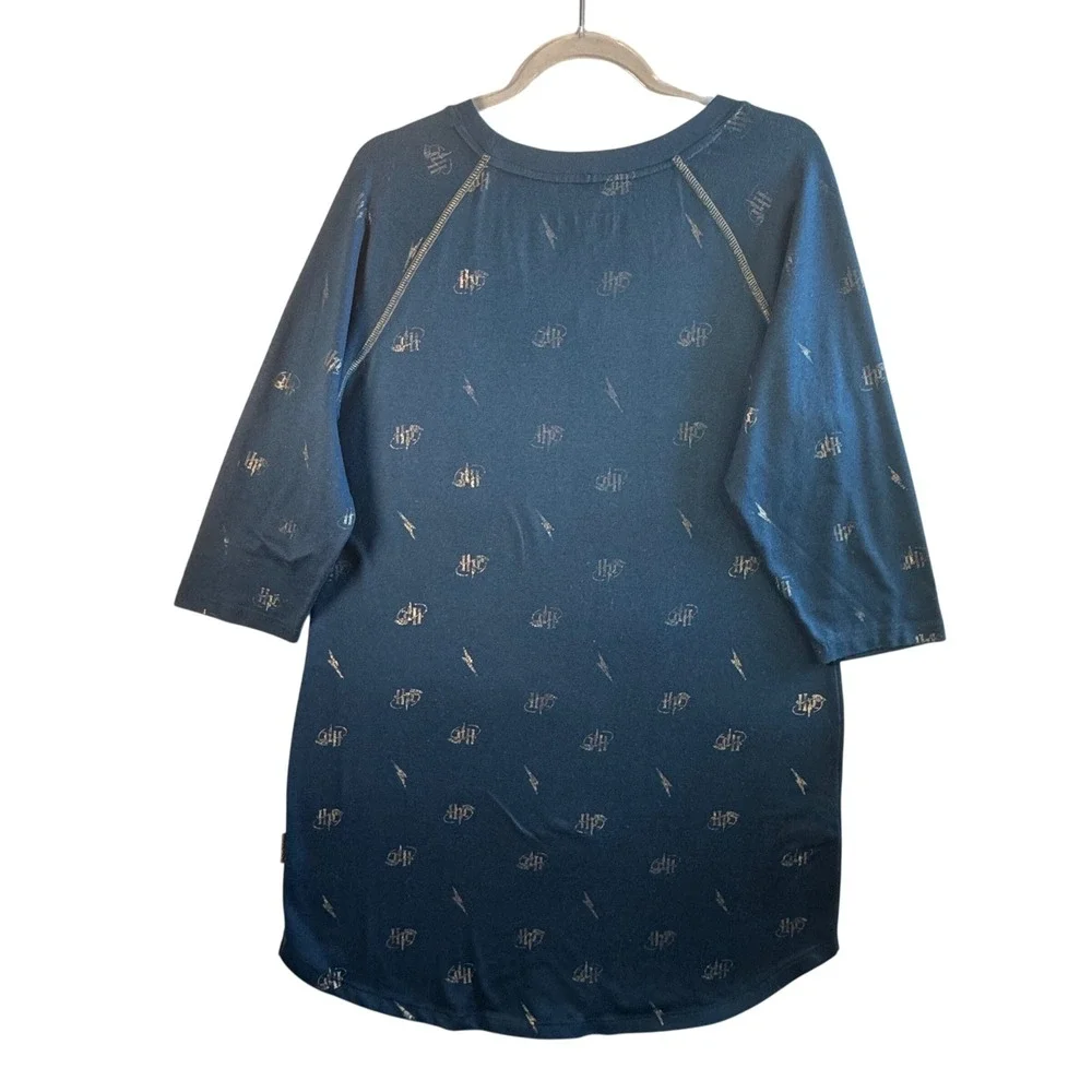 Harry Potter Sleep Shirt Nightgown Blue Gold Foil Logo Lightning Bolt Size S-M